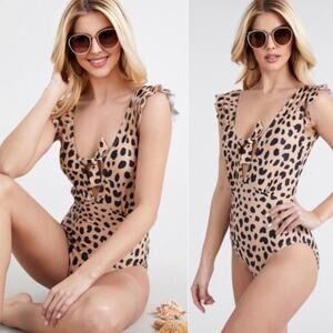 Marina West Women's One Piece Ruffle Swimsuit in Creamy Beige Leopard Print